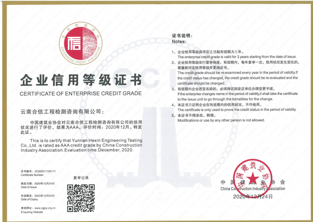 国检集团·云南合信获评2020年度建筑业AAA级信用企业（检测机构）